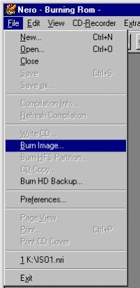 Picture of file menu with Burn Image highlighted.